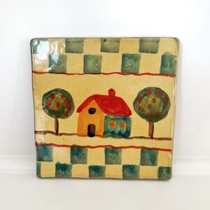 Vintage Italian Hand-Painted Tile Trivet, Cottage Kitchen Decor 6”